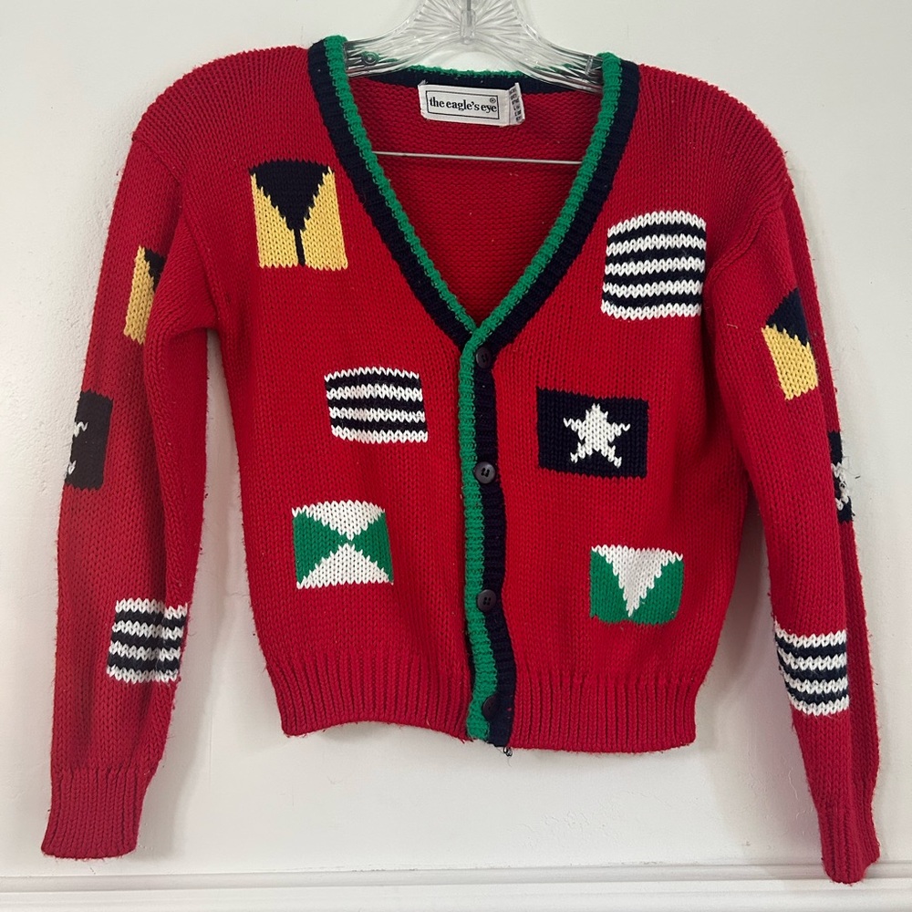 Vintage 1980s The Eagles Eye Colorful Geometric Kids Cardigan Knit Sweater